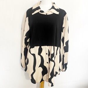 Black and Cream Wave-Print Mixed-Media Button Front Women's Long Length Top 5X